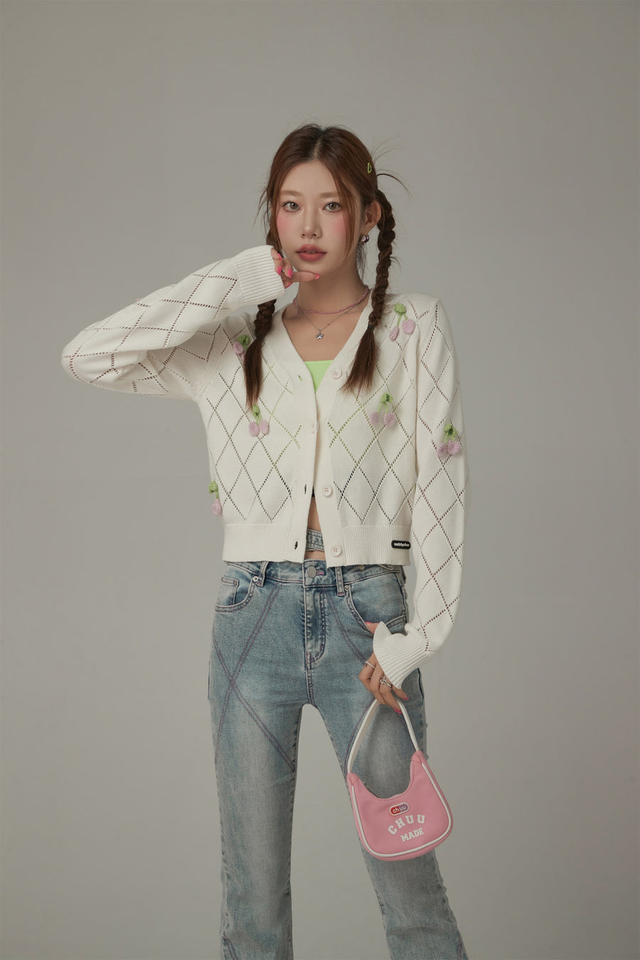 CHUU Argyle Knit Cherry Button Cardigan