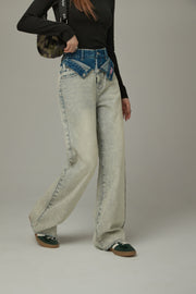 Folded Waist Color Combination Wide Denim Jeans