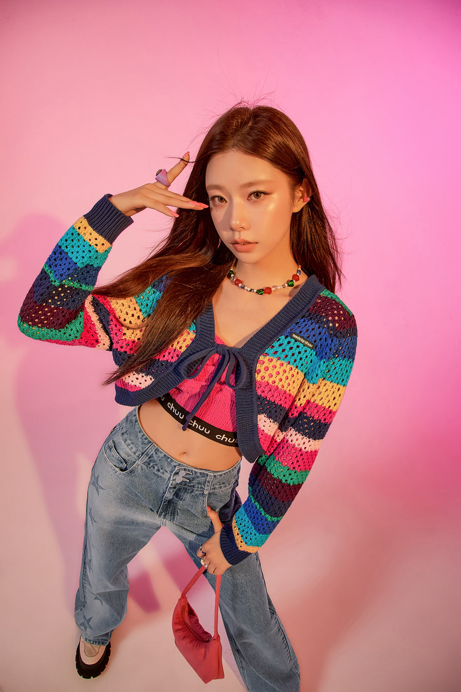 CHUU Rainbow Striped Ribbon Tie Bolero Cardigan