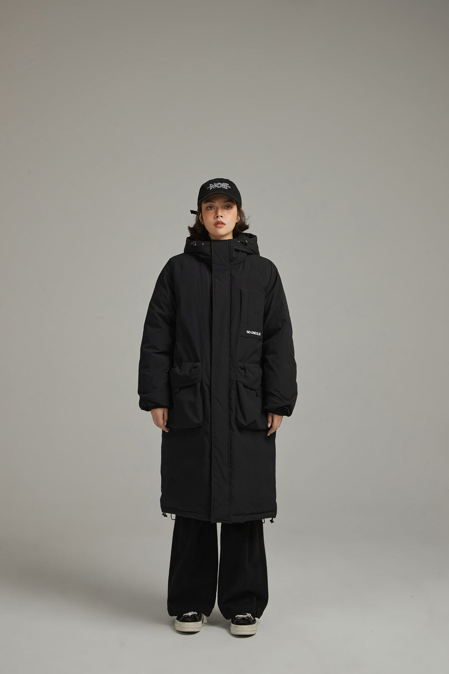 CHUU Hooded Logo Pocket Long Padded Coat