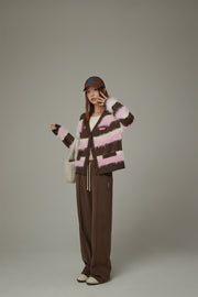 V-Neck Color Combination Stripe Knit Cardigan