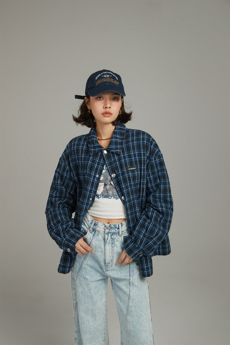 CHUU High Neck Check Quilted Shacket