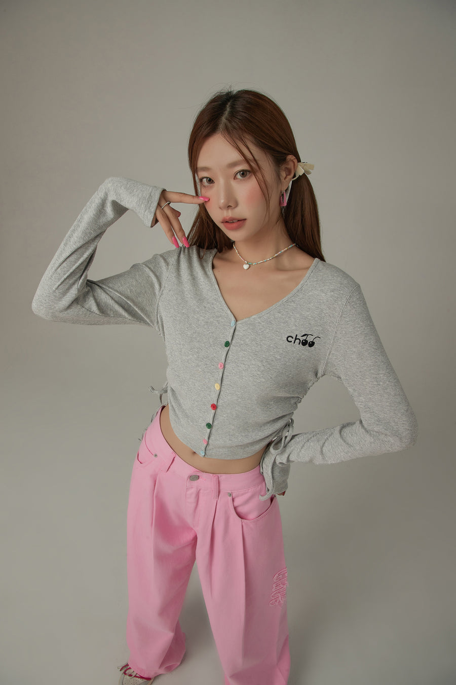 CHUU V- Neck Rainbow Button Logo Tie Up Top