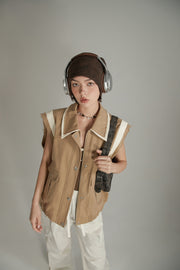 Color Pocket Raw Edge Zipper Vest