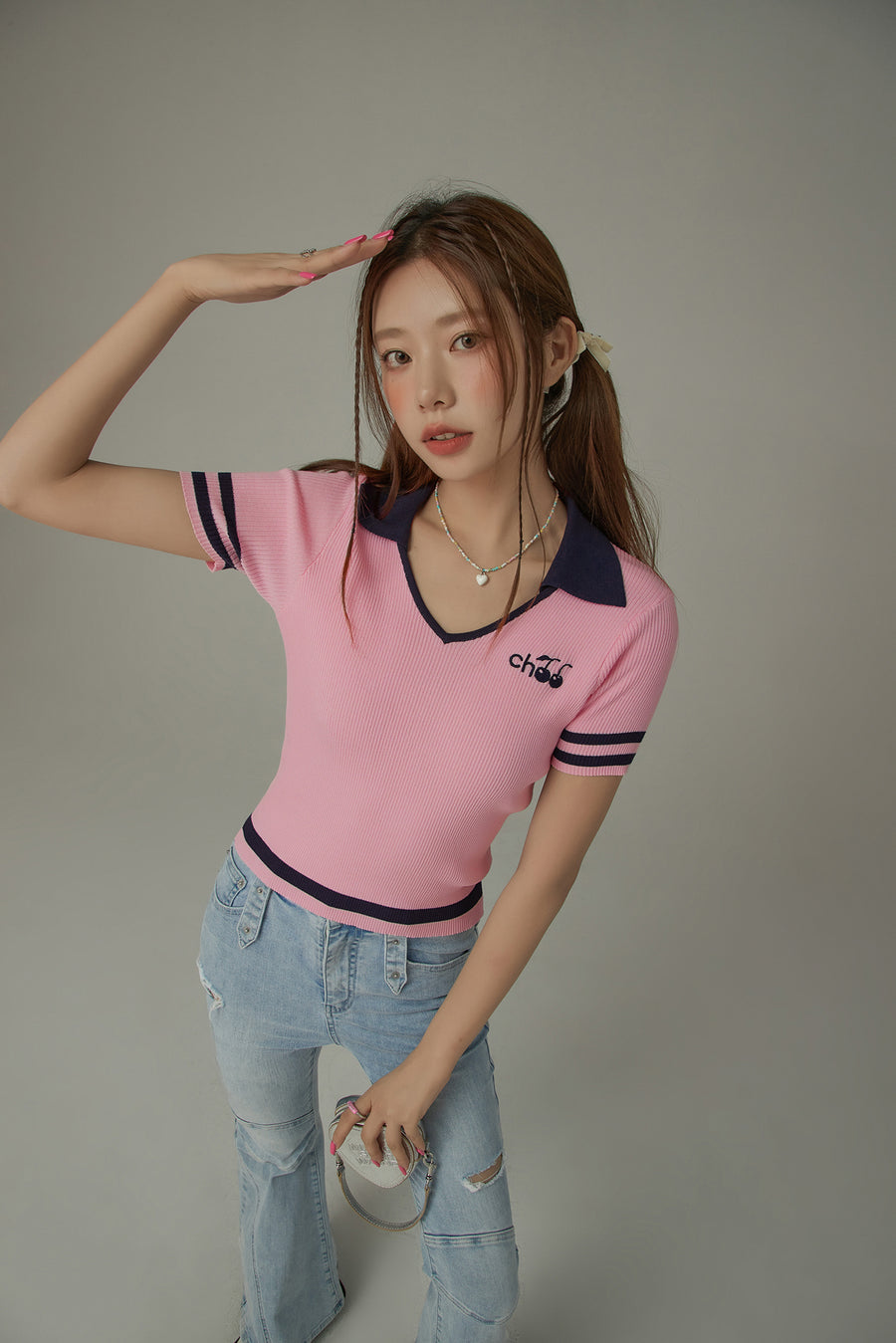 CHUU Open Collar Color Combination Knit Top