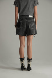 Distressed Raw Hem Double Button Denim Shorts