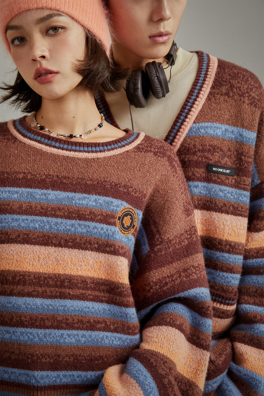 CHUU Logo Striped Loose Fit Knit Sweater