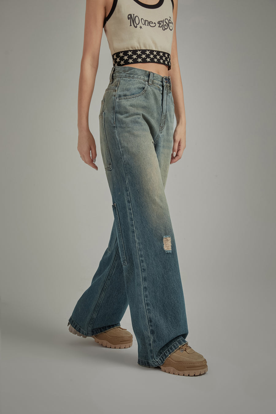 CHUU Stitched Ripped Washed Wide Denim Jeans