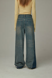 Cut Patchwork Hem Two Toned Denim Jeans