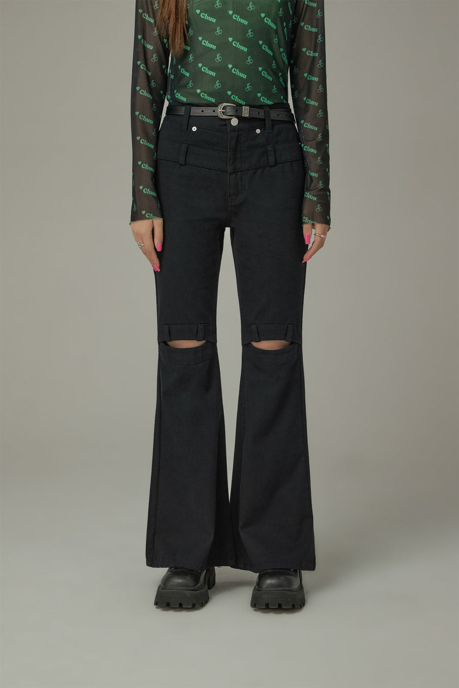 CHUU Slit Slim Layered Belt Loops Bootcut Pants