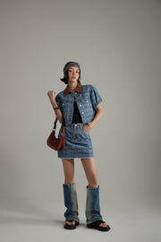 Vintage Check Puffy Short Sleeve Denim Jacket