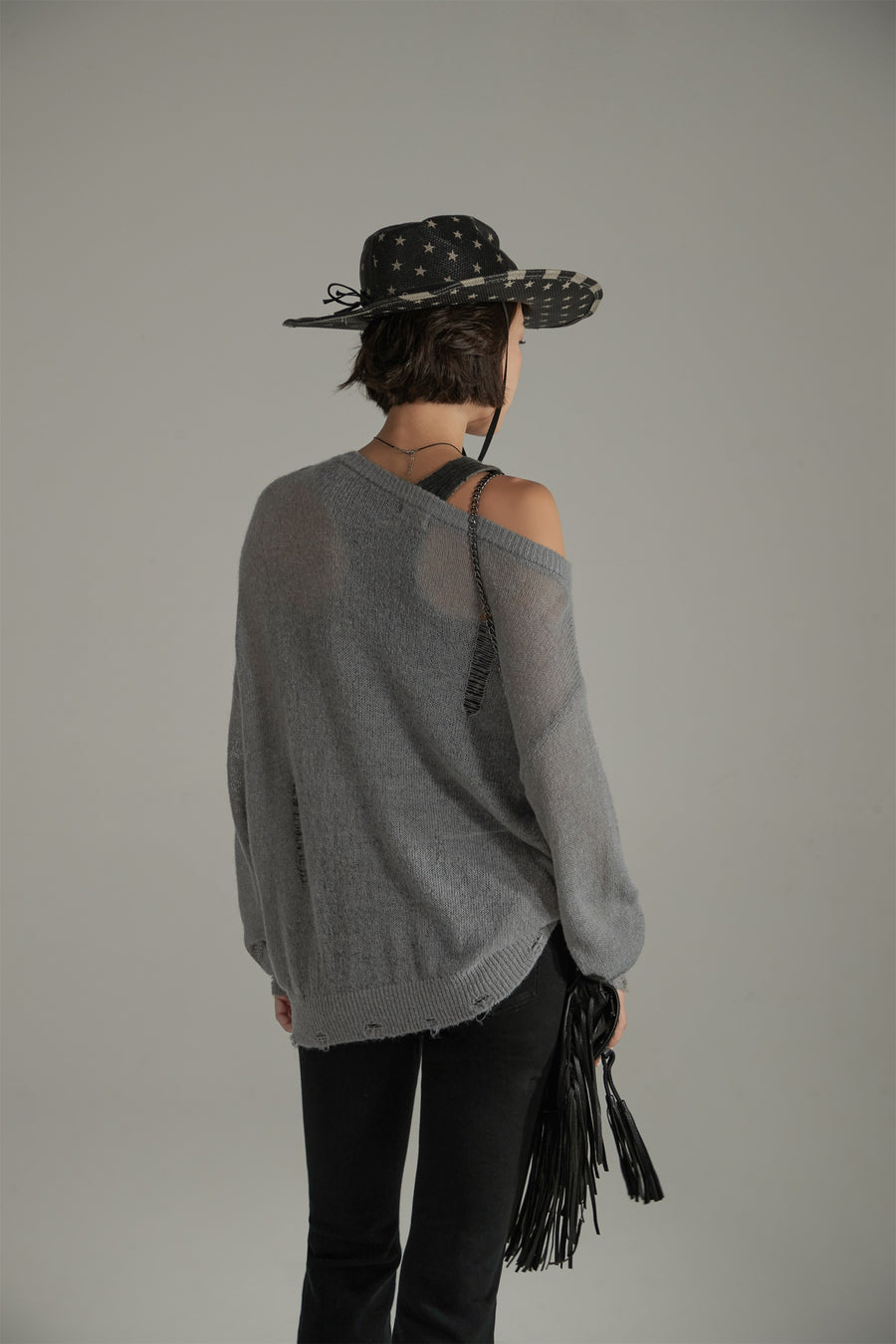 CHUU Distressed Ripped Thin Long Sleeved Knit Sweater