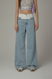 White Cotton Waist Wide Straight Jeans