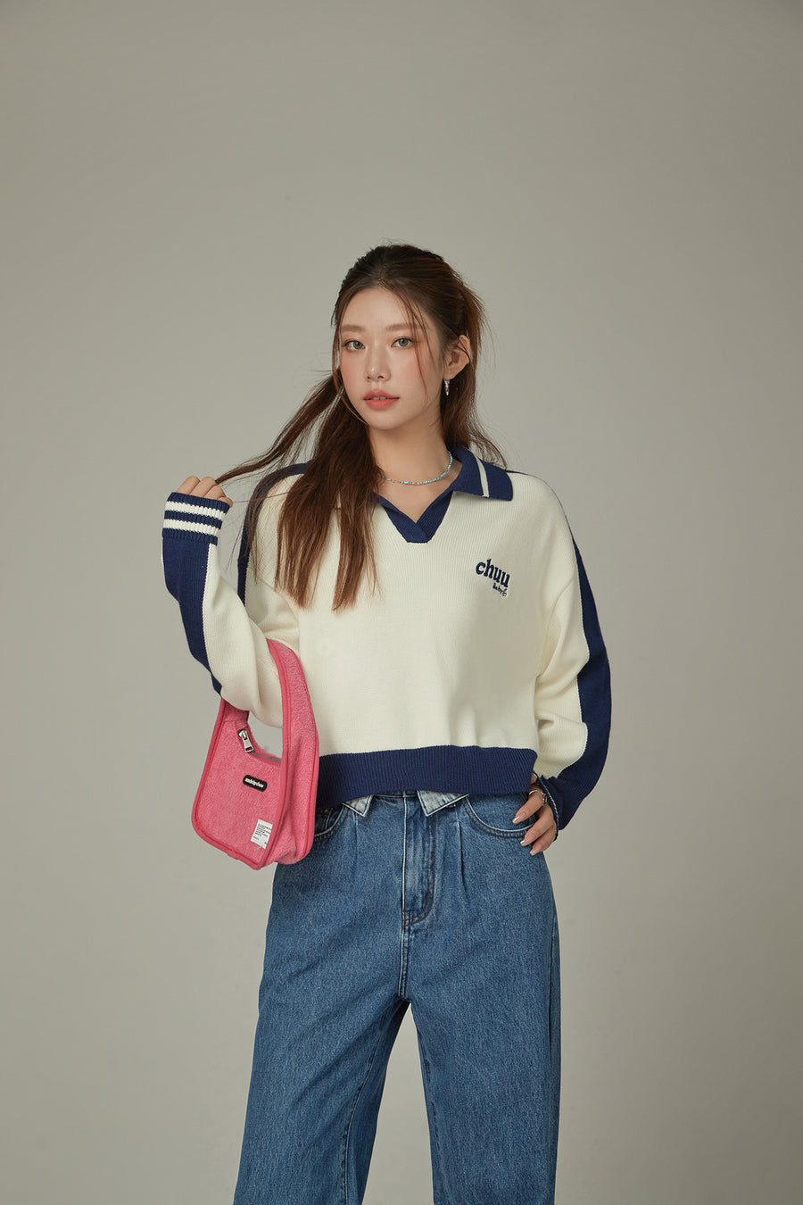 CHUU Open Collar Color Knit Sweater