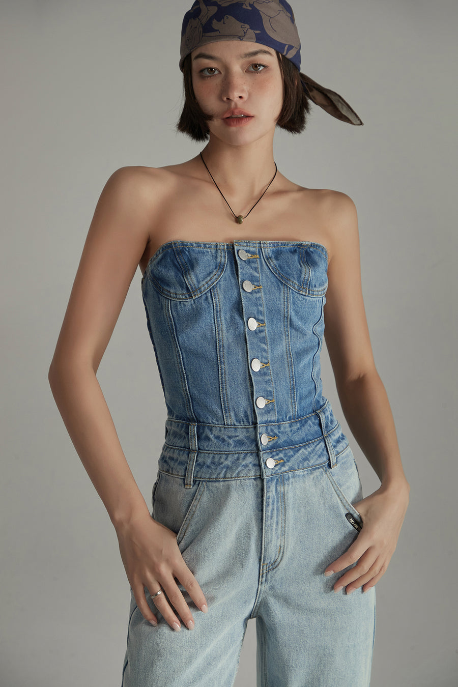 CHUU Tube Top Multi Buttons Denim Jumpsuit