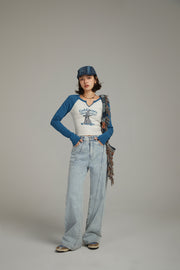 Lined Stitch Wide Denim Pants