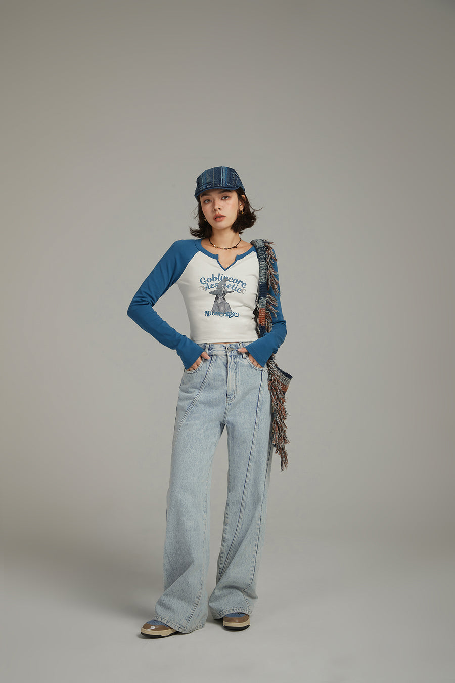 CHUU Lined Stitch Wide Denim Pants