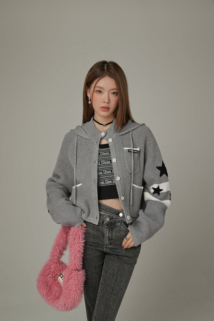 CHUU Waffle Star Hooded Button Cardigan