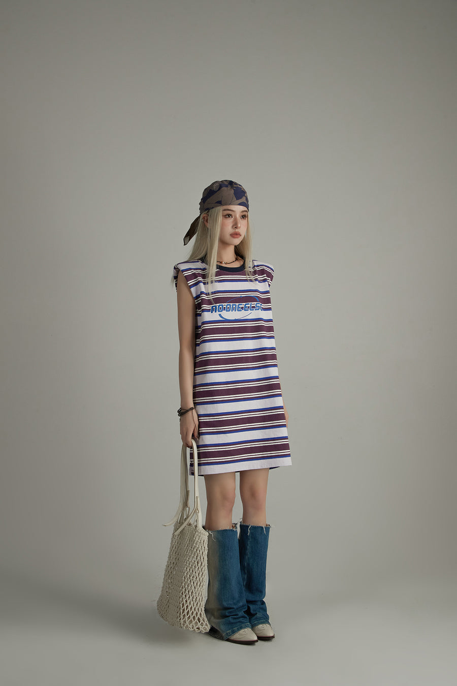 CHUU Striped Noe Center Logo Sleeveless T-Shirt Dress