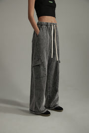 Elastic Waist Casual Diagonal Pocket Wide Leg Pants