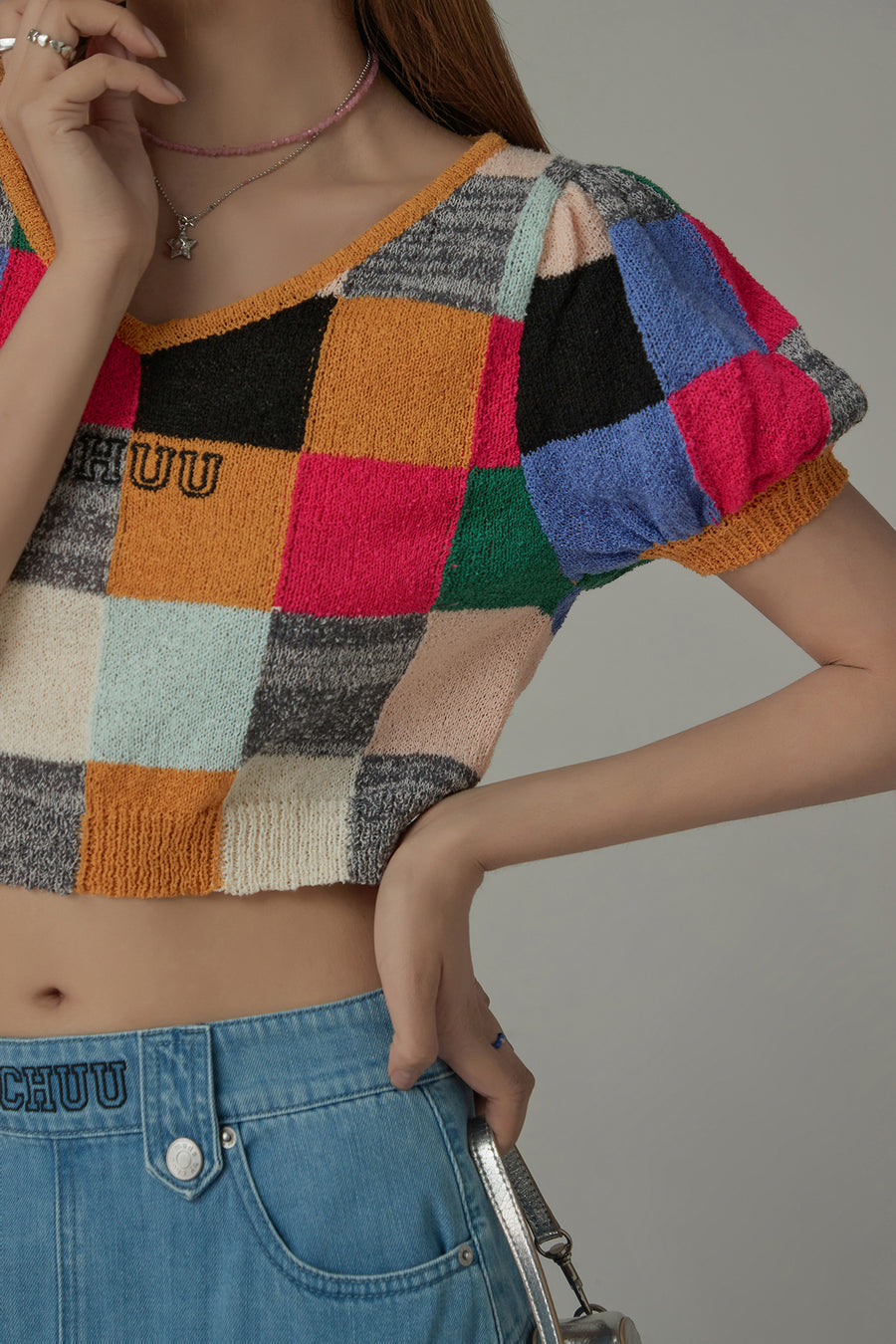 CHUU Color Check Pattern Cropped Knit Top