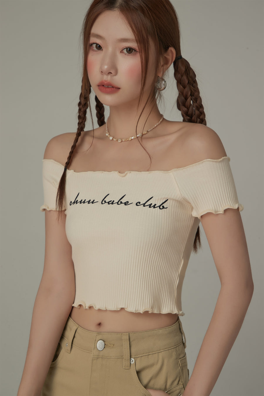 CHUU Chuu Babe Club Ruffled Off-The-Shoulder T-Shirt