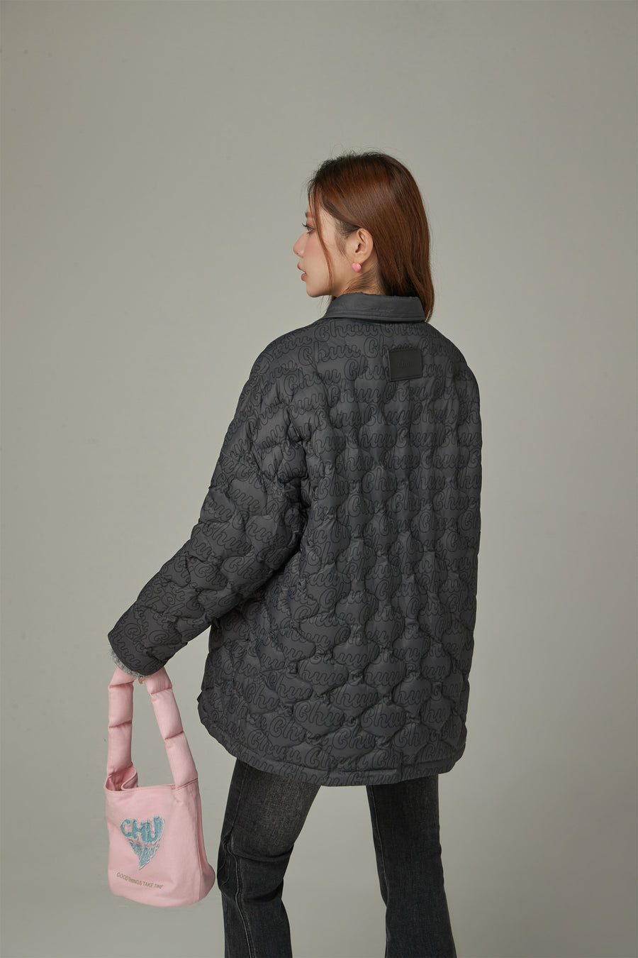 CHUU Lettering Quilted Padded Button Jacket