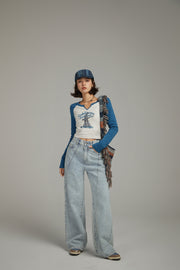 Lined Stitch Wide Denim Pants