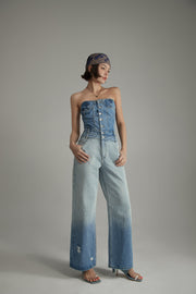 Tube Top Multi Buttons Denim Jumpsuit