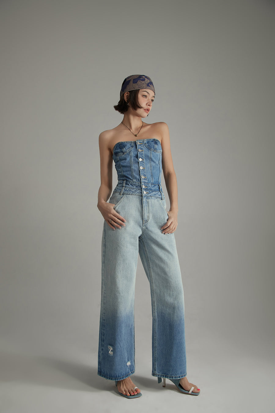 CHUU Tube Top Multi Buttons Denim Jumpsuit