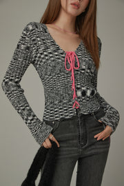 Lace Up Ribbon Slim Knit Top