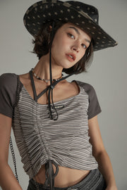 Asymmetrical Halter Neck String Striped Shirring T-Shirt