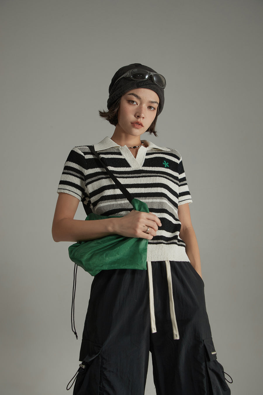 CHUU Collar Striped Knit Embroidered Sweater