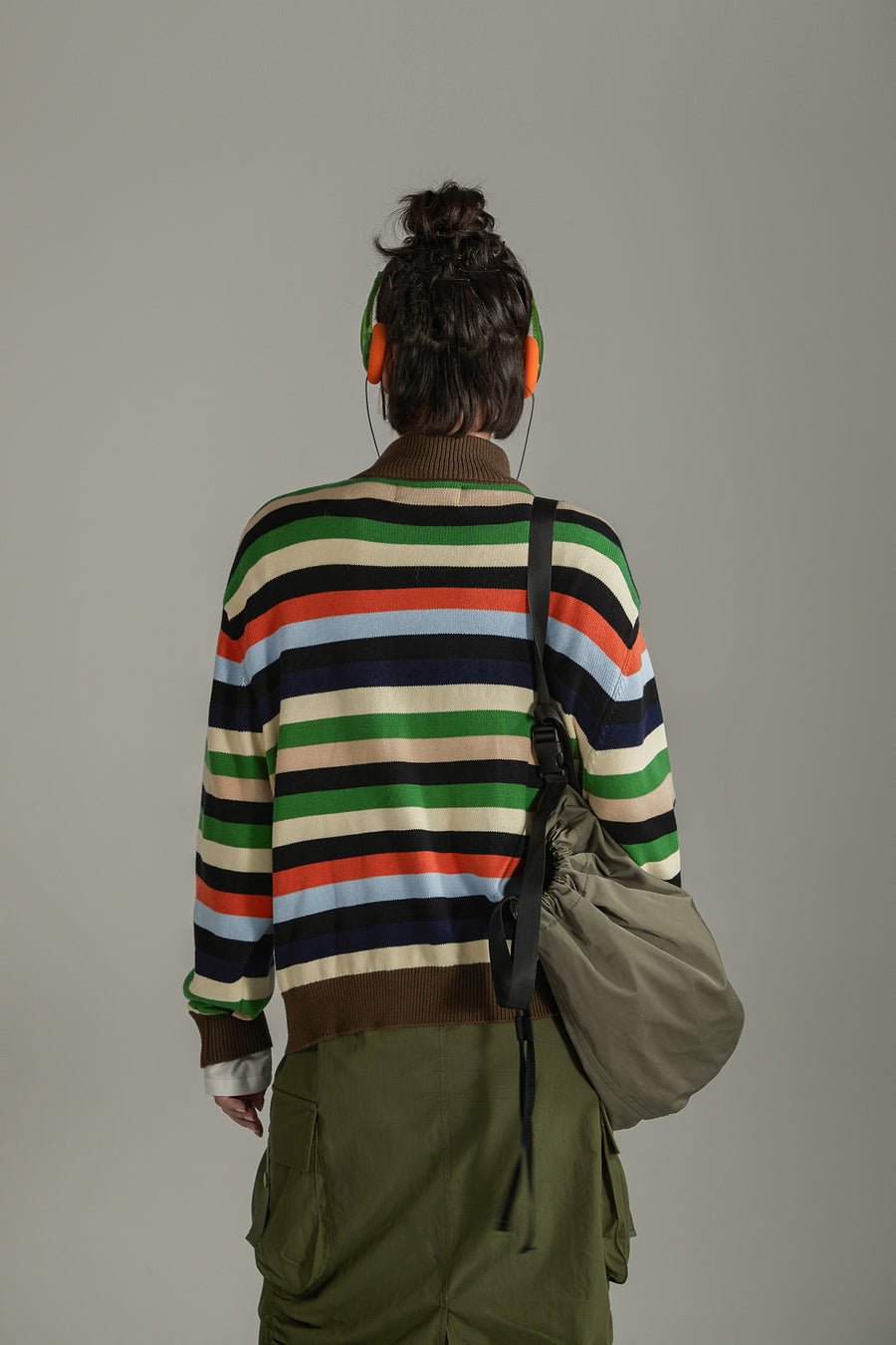 CHUU Rainbow Striped Loose Knit Half Zip Sweater