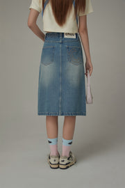 Hollow Star Washed Denim Medium Length Skirt