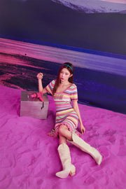 Rainbow Stripe Lettering Ruffle Hem Knit Dress