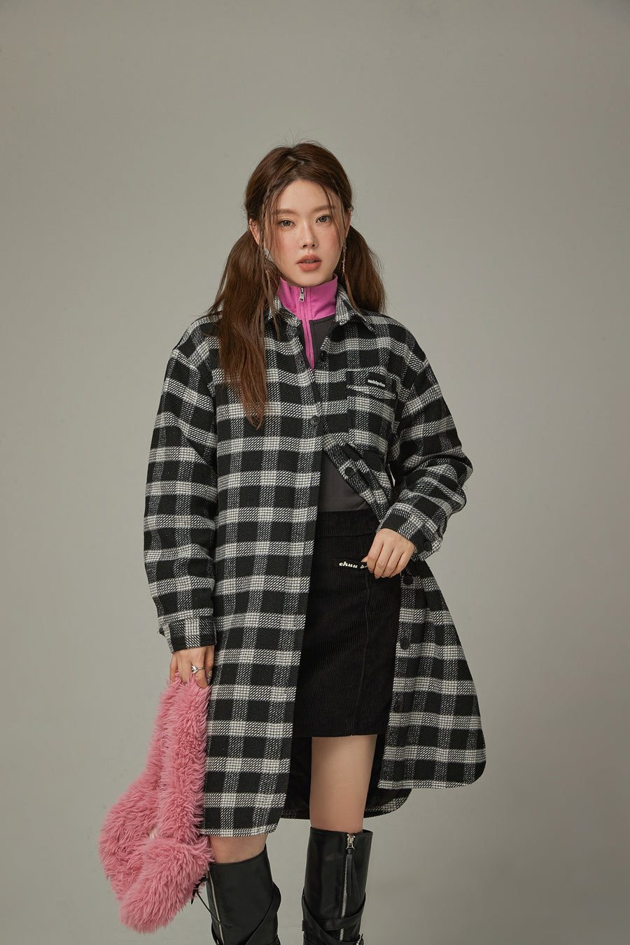 CHUU Check Long Button Coat