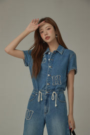 String Embroidered Denim Jumpsuit