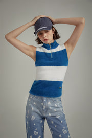 Half Zip-Up Color Stripe Sleeveless Top