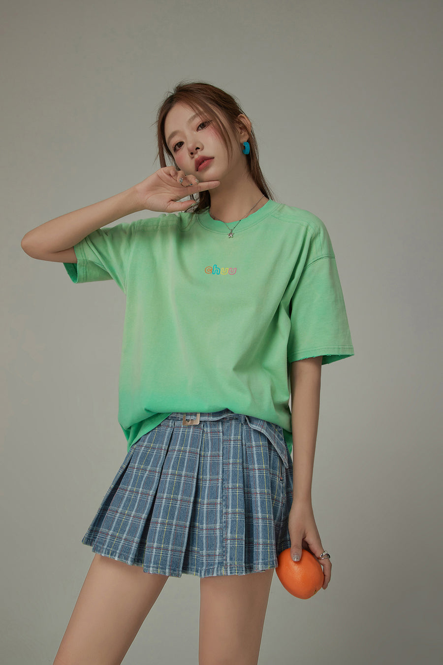 CHUU Check Pleated Big Belt Mini Skirt