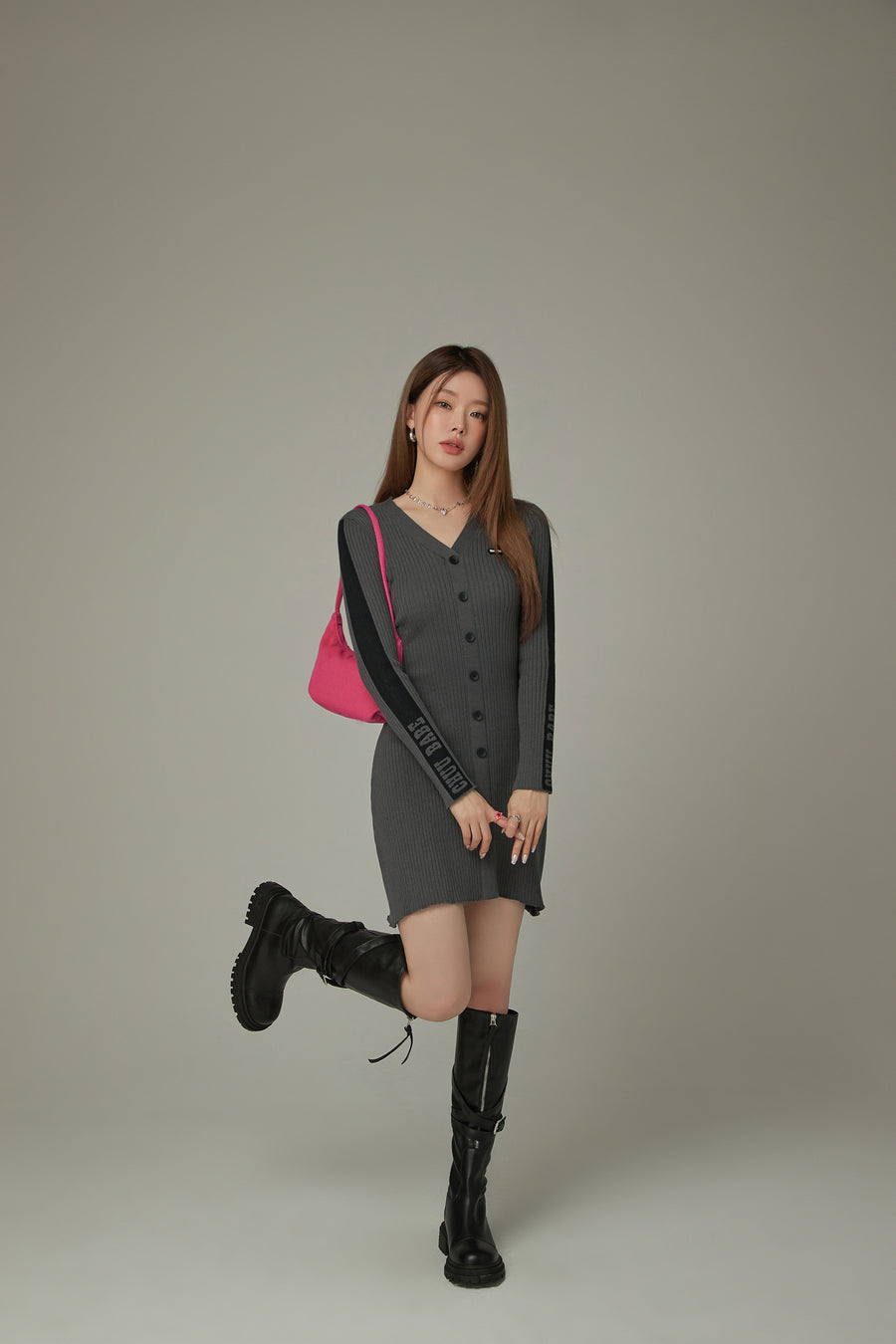 CHUU Ribbed Knit Button Dress