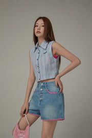 Color Line Button Denim Shorts