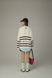 Lettering Striped Knit Cardigan