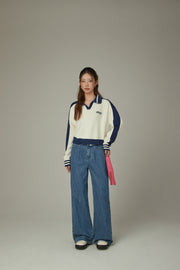 Logo Folded Waist Straight Denim Jeans