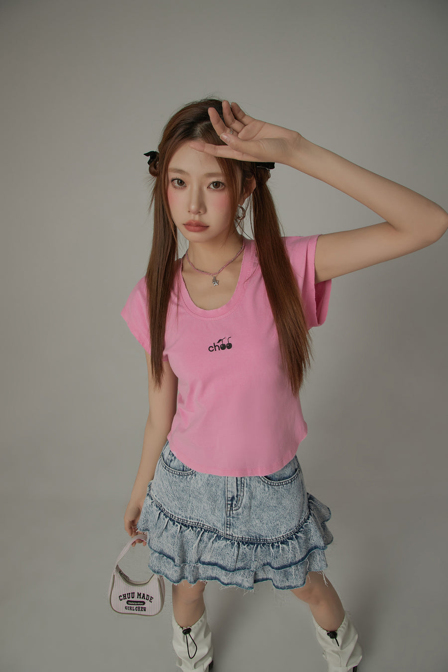 CHUU Cherry Embroidered U Neck Short Sleeve T-Shirt