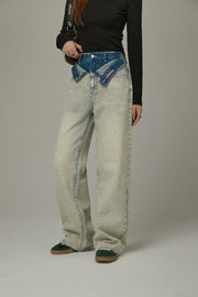 Folded Waist Color Combination Wide Denim Jeans