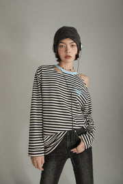 Color One Open Shoulder Stripe T-Shirt