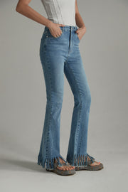 Fringe-Cut Hem Slim Denim Jeans