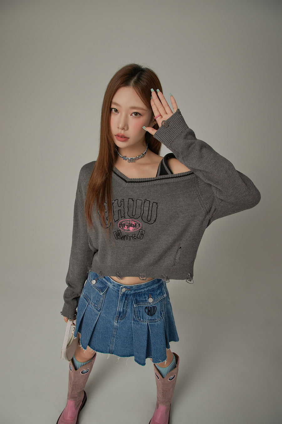 CHUU One Shoulder Cropped Loose Fit Knit Sweater