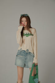 Distressed Long Sleeve Unbalanced Knit Top